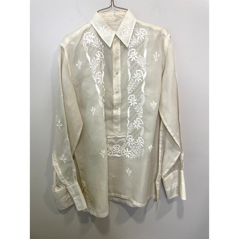 Vintage Filipino Barong Long Sleeve Ornate Design Traditional Material Delicate
